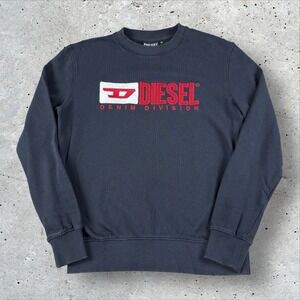 Diesel Sweatshirt Spell Out Navy Blue Embroidered Logo Cotton Crew Neck Sz M Y2K
